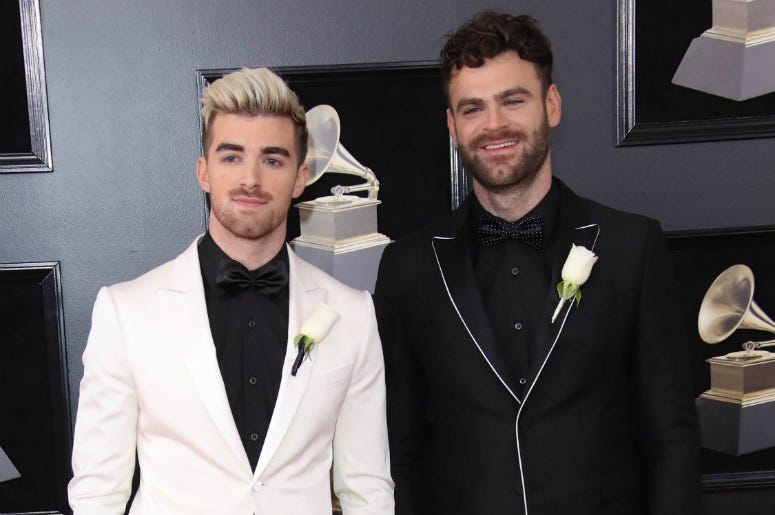 The Chainsmokers Jan 28, 2018; New York, NY, USA; Andrew Taggart (L) and Alex Pall of The Chainsmokers arrive at the 60th Annual Grammy Awards at Madison Square Garden.