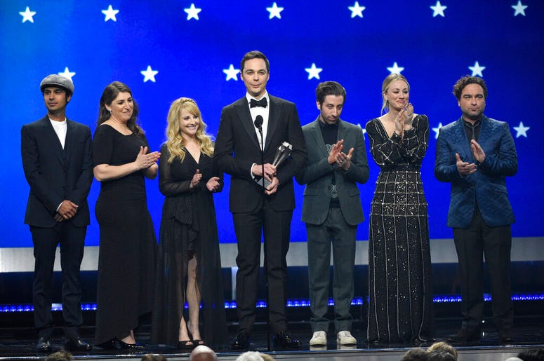 Jan. 13, 2019, file photo, Kunal Nayyar, from left, Mayim Bialik, Melissa Rauch, Jim Parsons, Simon Helberg, Kaley Cuoco and Johnny Galecki, from the cast of "The Big Bang Theory" The_Big_Bang_Theory_TV