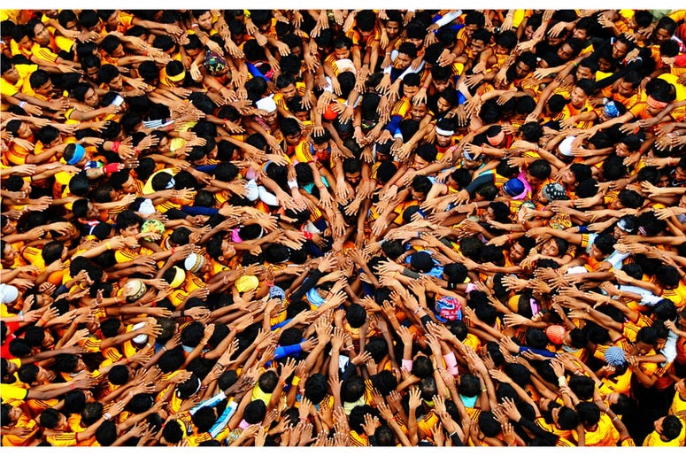 Govinda Players Govinda players gather together under Dahi Handi to make a human pyramid in order to catch and then break an earthen pot high in the air with the help of a rope, to win prizes.