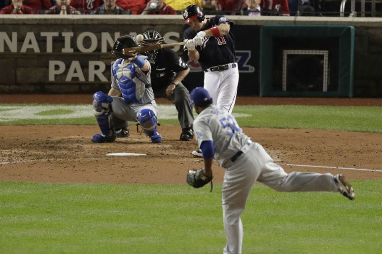 El jugador de los Nacionales de Washington, Ryan Zimmerman (11), conecta un jonrón de tres carreras contra el relevista de los Dodgers de Los Ángeles, el dominicano Pedro Báez (52), en el quinto inning del cuarto juego de la Serie Divisional de la Liga Na El jugador de los Nacionales de Washington, Ryan Zimmerman (11), conecta un jonrón de tres carreras contra el relevista de los Dodgers de Los Ángeles, el dominicano Pedro Báez (52), en el quinto inning del cuarto juego de la Serie Divisional de la Liga Na