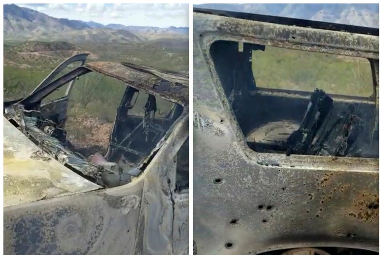Combinación de imágenes de un video de Kenny Miller del 4 de noviembre de 2019 publicado en la cuenta de Twitter de Alex LeBarón de un vehículo calcinado en el que iban algunos miembros de la familia LeBarón cerca de la frontera entre los estados fronteri Combinación de imágenes de un video de Kenny Miller del 4 de noviembre de 2019 publicado en la cuenta de Twitter de Alex LeBarón de un vehículo calcinado en el que iban algunos miembros de la familia LeBarón cerca de la frontera entre los estados fronteri
