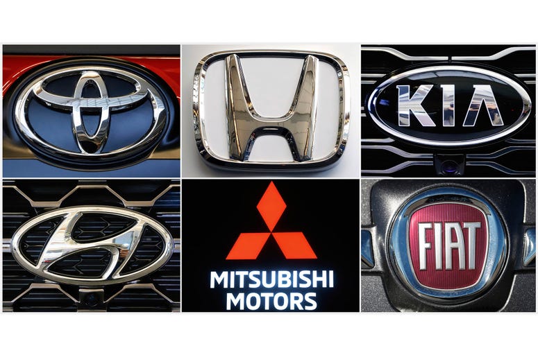 Combinación de fotografías de los logos de, en sentido horario, Toyota, Honda, Kia, Fiat Chrysler, Mitsubishi y Hyundai. Combinación de fotografías de los logos de, en sentido horario, Toyota, Honda, Kia, Fiat Chrysler, Mitsubishi y Hyundai.