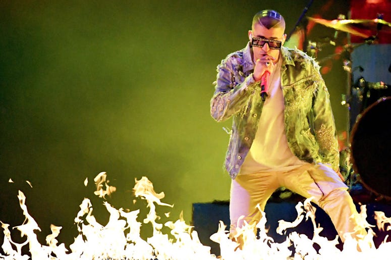 Bad Bunny performs onstage during the 19th annual Latin GRAMMY Awards at MGM Grand Garden Arena on November 15, 2018 in Las Vegas, Nevada. Bad Bunny performs onstage during the 19th annual Latin GRAMMY Awards at MGM Grand Garden Arena on November 15, 2018 in Las Vegas, Nevada.