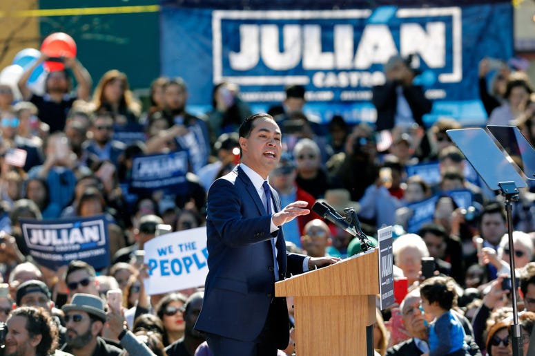 SAN ANTONIO, TX - JANUARY 12: Julian Castro, former U.S. Department of Housing and Urban Development (HUD) Secretary and San Antonio Mayor, announces his candidacy for president in 2020 at Plaza Guadalupe on January 12, 2019 in San Antonio, Texas. SAN ANTONIO, TX - JANUARY 12: Julian Castro, former U.S. Department of Housing and Urban Development (HUD) Secretary and San Antonio Mayor, announces his candidacy for president in 2020 at Plaza Guadalupe on January 12, 2019 in San Antonio, Texas.
