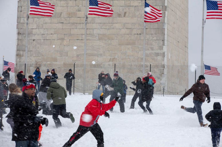WASHINGTON, DC - JANUARY 13: People take part in the 'Snowdown Snowballs' at the Washington Monument on January 13, 2019 in Washington, DC. The DC area was hit with 4-7 inches of snow accumulation with the potential of another 2-4 inches. WASHINGTON, DC - JANUARY 13: People take part in the 'Snowdown Snowballs' at the Washington Monument on January 13, 2019 in Washington, DC. The DC area was hit with 4-7 inches of snow accumulation with the potential of another 2-4 inches.