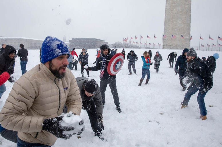 WASHINGTON, DC - JANUARY 13: People take part in the 'Snowdown Snowballs' at the Washington Monument on January 13, 2019 in Washington, DC. The DC area was hit with 4-7 inches of snow accumulation with the potential of another 2-4 inches. WASHINGTON, DC - JANUARY 13: People take part in the 'Snowdown Snowballs' at the Washington Monument on January 13, 2019 in Washington, DC. The DC area was hit with 4-7 inches of snow accumulation with the potential of another 2-4 inches.