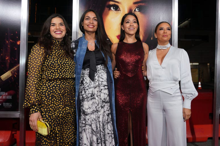 Actors America Ferrera, Rosario Dawson, Gina Rodriguez and Eva Longoria attend the premiere of Columbia Pictures' 'Miss Bala' at Regal LA Live Stadium 14 on January 30, 2019 in Los Angeles, California. Actors America Ferrera, Rosario Dawson, Gina Rodriguez and Eva Longoria attend the premiere of Columbia Pictures' 'Miss Bala' at Regal LA Live Stadium 14 on January 30, 2019 in Los Angeles, California.