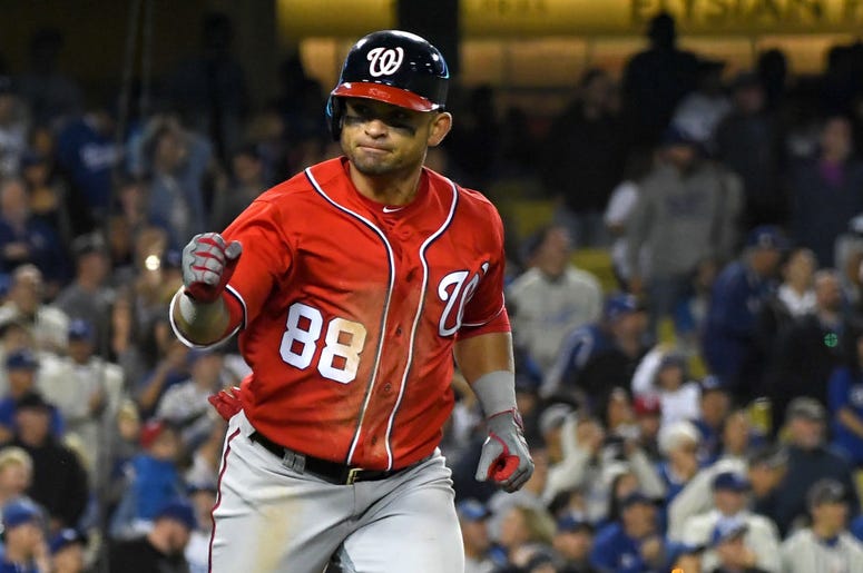 Gerardo Parra #88 of the Washington Nationals celebrates as he rounds the bases after hitting a grand slam home run off Dylan Floro #51 of the Los Angeles Dodgers in the eighth inning of the game at Dodger Stadium on May 11, 2019 in Los Angeles, Californ Gerardo Parra #88 of the Washington Nationals celebrates as he rounds the bases after hitting a grand slam home run off Dylan Floro #51 of the Los Angeles Dodgers in the eighth inning of the game at Dodger Stadium on May 11, 2019 in Los Angeles, Californ