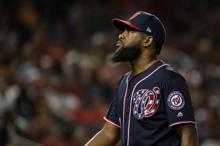 Wander Suero #51 of the Washington Nationals walks to the dugout after being relieved against the Arizona Diamondbacks during the eighth inning at Nationals Park on June 14, 2019 in Washington, DC. (Photo by Scott Taetsch/Getty Images) Wander Suero #51 of the Washington Nationals walks to the dugout after being relieved against the Arizona Diamondbacks during the eighth inning at Nationals Park on June 14, 2019 in Washington, DC. (Photo by Scott Taetsch/Getty Images)