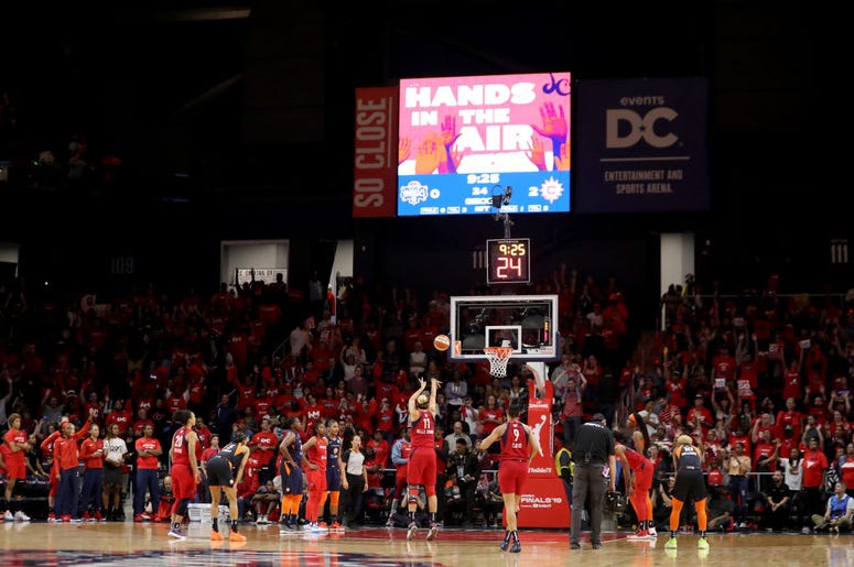 lena Delle Donne #11 of Washington Mystics shoots a free throw during the first half against the Connecticut Sun during Game Five of the 2019 WNBA Finals at St Elizabeths East Entertainment & Sports Arena on October 10, 2019 in Washington, DC. lena Delle Donne #11 of Washington Mystics shoots a free throw during the first half against the Connecticut Sun during Game Five of the 2019 WNBA Finals at St Elizabeths East Entertainment & Sports Arena on October 10, 2019 in Washington, DC.