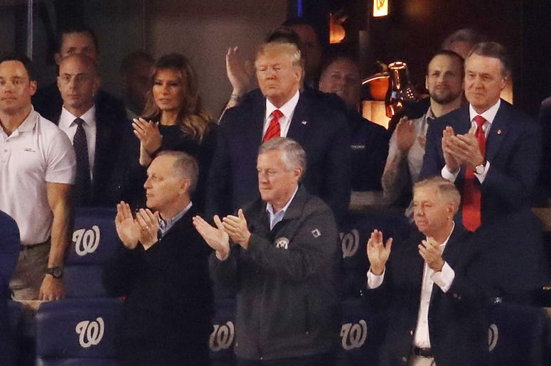President Donald Trump attends Game Five of the 2019 World Series between the Houston Astros and the Washington Nationals at Nationals Park on October 27, 2019 in Washington, DC. President Donald Trump attends Game Five of the 2019 World Series between the Houston Astros and the Washington Nationals at Nationals Park on October 27, 2019 in Washington, DC.