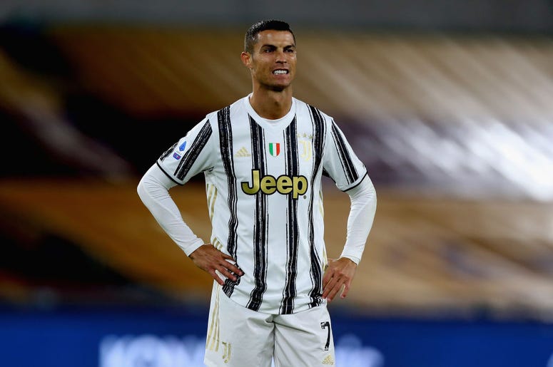 Cristiano Ronaldo of Juventus reacts during the Serie A match between AS Roma and Juventus at Stadio Olimpico on September 27, 2020 in Rome, Italy. Cristiano Ronaldo