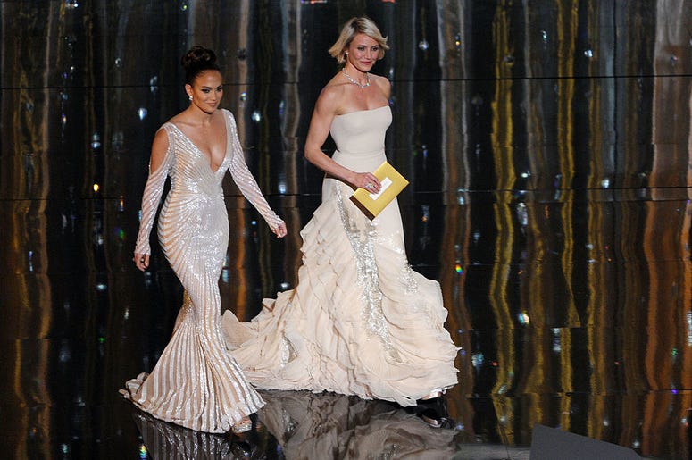 Presenters Jennifer Lopez (L) and Cameron Diaz speak onstage during the 84th Annual Academy Awards held at the Hollywood & Highland Center on February 26, 2012 in Hollywood, California. Presenters Jennifer Lopez (L) and Cameron Diaz speak onstage during the 84th Annual Academy Awards held at the Hollywood & Highland Center on February 26, 2012 in Hollywood, California.
