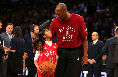 Kobe Bryant #24 of the Los Angeles Lakers and the Western Conference warms up with daughter Gianna Bryant during the NBA All-Star Game 2016 at the Air Canada Centre on February 14, 2016 in Toronto, Ontario. Kobe Bryant and daughter Gianna warm up during NBA's 2016 All-Star Game