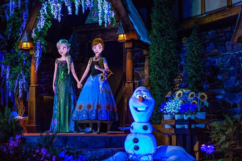 Located in the Norway Pavilion at Epcot, Frozen Ever After celebrates a "Summer Snow Day" on a journey through a frozen willow forest, past Troll Valley and up to Queen Elsa's palace high up on the north mountain. Located in the Norway Pavilion at Epcot, Frozen Ever After celebrates a "Summer Snow Day" on a journey through a frozen willow forest, past Troll Valley and up to Queen Elsa's palace high up on the north mountain.