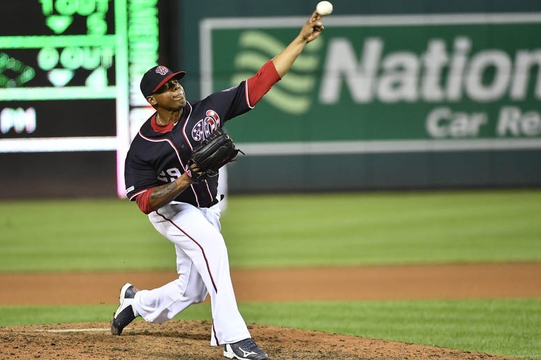 Aug 30, 2019; Washington, DC, USA; Washington Nationals pitcher Roenis Elias (29) throws to the Miami Marlins at Nationals Park. Mandatory Credit: Brad Mills-USA TODAY Sports Aug 30, 2019; Washington, DC, USA; Washington Nationals pitcher Roenis Elias (29) throws to the Miami Marlins at Nationals Park. Mandatory Credit: Brad Mills-USA TODAY Sports