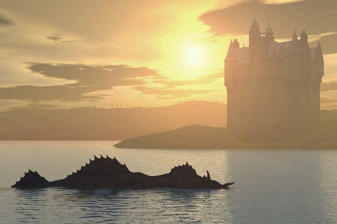 Loch Ness monster with a castle in the background