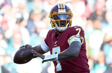 (Photo by Will Newton/Getty Images) Dwayne Haskins #7 of the Washington Redskins looks to pass against the Philadelphia Eagles during the first half at FedExField on December 15, 2019 in Landover, Maryland.