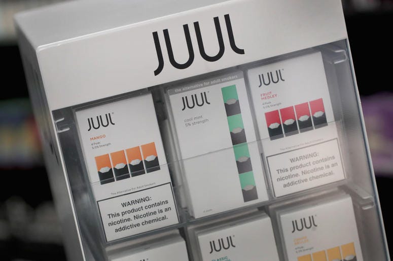 Electronic cigarettes and pods by Juul, the nation's largest maker of vaping products, are offered for sale at the Smoke Depot on September 13, 2018 in Chicago, Illinois. The Food and Drug Administration (FDA) has ordered e-cigarette product makers to dev Electronic cigarettes and pods by Juul, the nation's largest maker of vaping products, are offered for sale at the Smoke Depot on September 13, 2018 in Chicago, Illinois. The Food and Drug Administration (FDA) has ordered e-cigarette product makers to dev