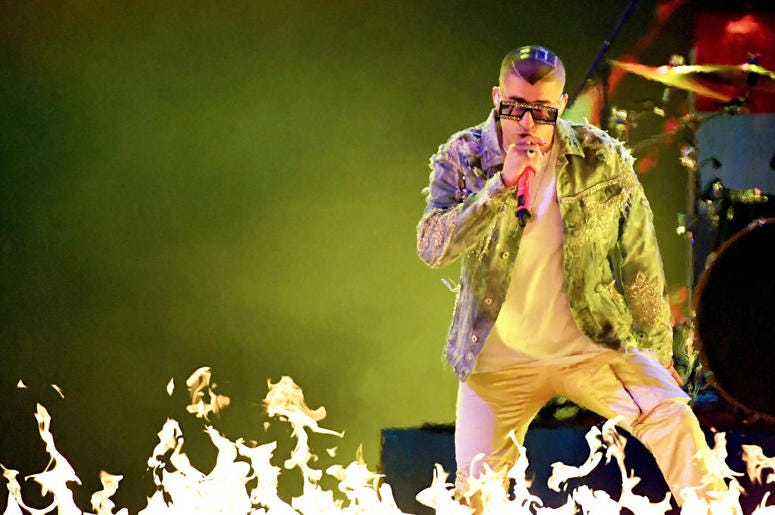 Bad Bunny performs onstage during the 19th annual Latin GRAMMY Awards at MGM Grand Garden Arena on November 15, 2018 in Las Vegas, Nevada. Bad Bunny performs onstage during the 19th annual Latin GRAMMY Awards at MGM Grand Garden Arena on November 15, 2018 in Las Vegas, Nevada.