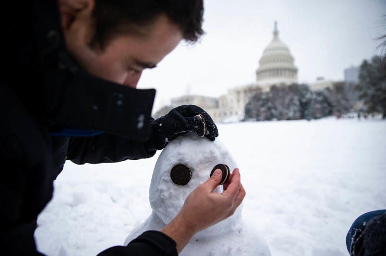 WASHINGTON, DC - JANUARY 13: Ivan Lopez, from Columbia, MD, uses Oreos to make eyes for his snowman, on the west side of the U.S. Capitol, on January 13, 2019 in Washington, DC. WASHINGTON, DC - JANUARY 13: Ivan Lopez, from Columbia, MD, uses Oreos to make eyes for his snowman, on the west side of the U.S. Capitol, on January 13, 2019 in Washington, DC.