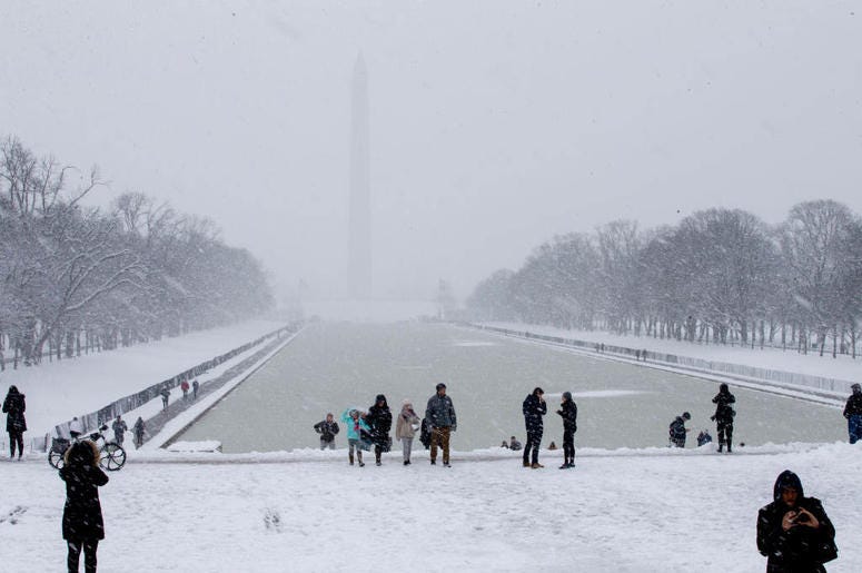 WASHINGTON, DC - JANUARY 13: People visit the Lincoln Memorial on January 13, 2019 in Washington, DC. The DC area was hit with 4-7 inches of snow accumulation with the potential of another 2-4 inches. WASHINGTON, DC - JANUARY 13: People visit the Lincoln Memorial on January 13, 2019 in Washington, DC. The DC area was hit with 4-7 inches of snow accumulation with the potential of another 2-4 inches.