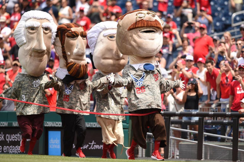 Teddy Roosevelt wins the President's Race during a baseball game between the Washington Nationals and the Miami Marlins at Nationals Park on May 27, 2019 in Washington. DC. Miami Marlins v Washington Nationals President's Race
