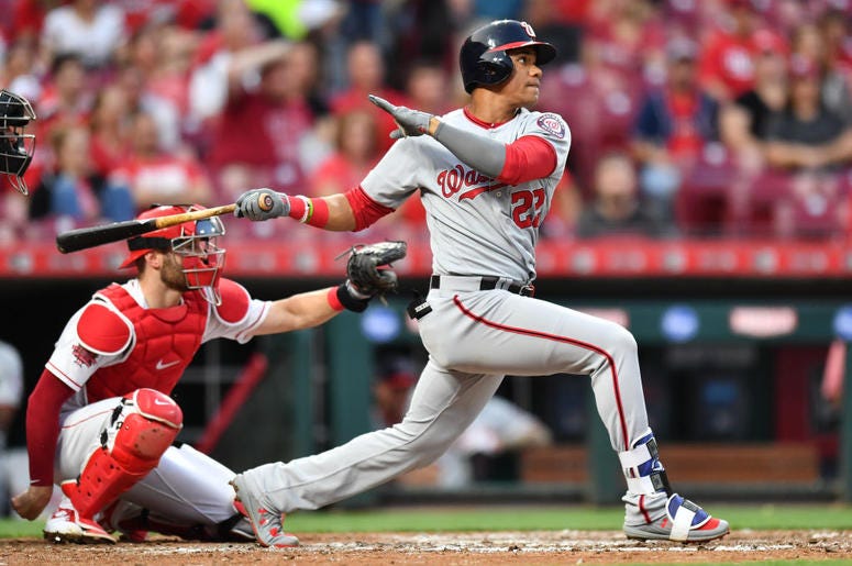 Juan Soto #22 of the Washington Nationals hits a home run in the fourth inning against the Cincinnati Reds at Great American Ball Park on May 31, 2019 in Cincinnati, Ohio. Cincinnati defeated Washington 9-3. (Photo by Jamie Sabau/Getty Images) Juan Soto #22 of the Washington Nationals hits a home run in the fourth inning against the Cincinnati Reds at Great American Ball Park on May 31, 2019 in Cincinnati, Ohio. Cincinnati defeated Washington 9-3. (Photo by Jamie Sabau/Getty Images)