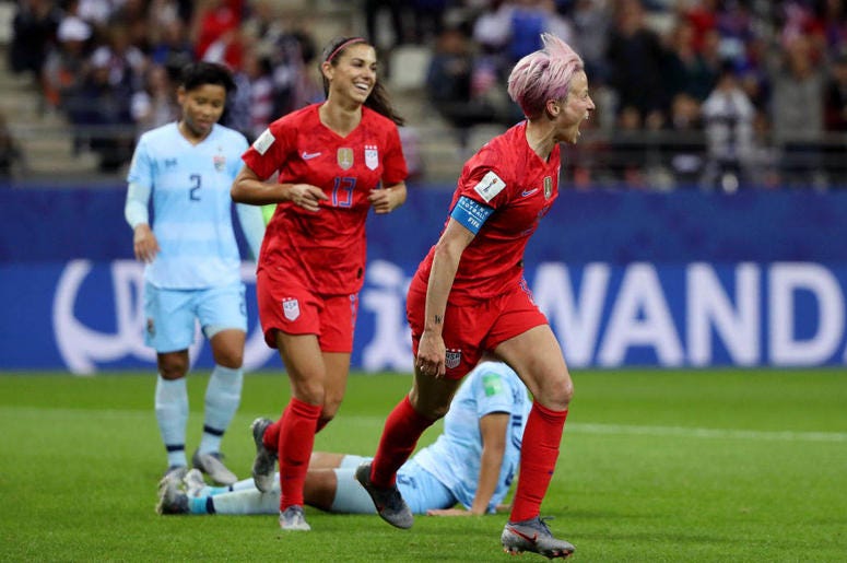 Megan Rapinoe of the USA celebrates after scoring her team's ninth goal during the 2019 FIFA Women's World Cup France group F match between USA and Thailand at Stade Auguste Delaune on June 11, 2019 in Reims, France. Megan Rapinoe of the USA celebrates after scoring her team's ninth goal during the 2019 FIFA Women's World Cup France group F match between USA and Thailand at Stade Auguste Delaune on June 11, 2019 in Reims, France.