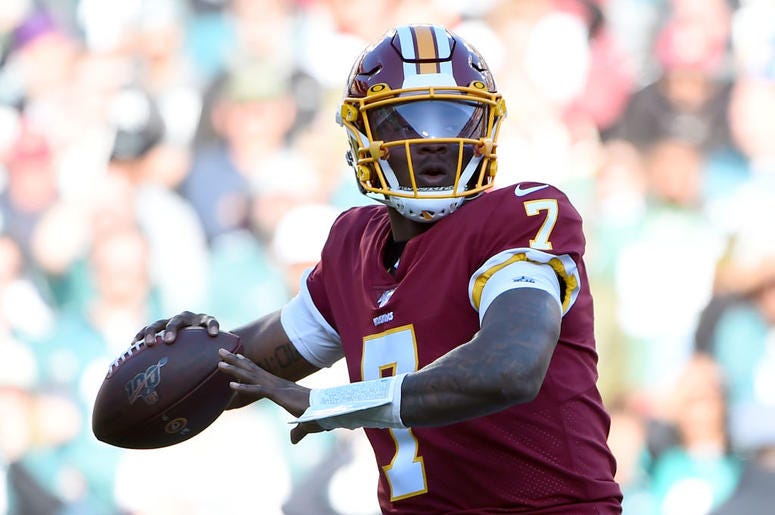 (Photo by Will Newton/Getty Images) Dwayne Haskins #7 of the Washington Redskins looks to pass against the Philadelphia Eagles during the first half at FedExField on December 15, 2019 in Landover, Maryland.