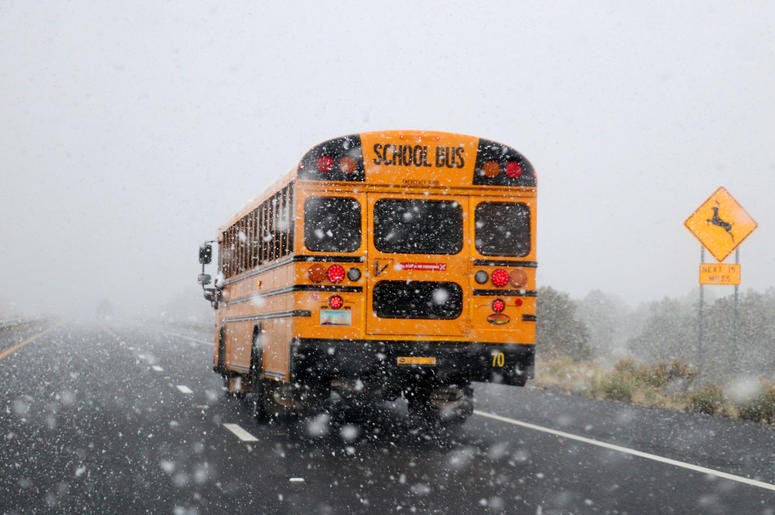 rear of schoolbus on snowy road