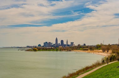 Cleveland Ohio skyline from Edgewater Park on Lake Erie, with Edgewater beach