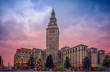 cleveland terminal tower at sunset