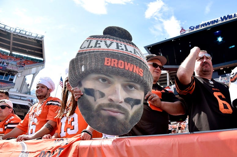 Cleveland Browns fans gather to watch warm ups before the start of the game