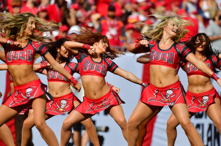 Tampa Bay Buccaneers cheerleaders perform after the first quarter of a football game against the San Francisco 49ers at Raymond James Stadium on September 08, 2019 in Tampa, Florida. Tampa Bay Buccaneers cheerleaders perform after the first quarter of a football game against the San Francisco 49ers at Raymond James Stadium on September 08, 2019 in Tampa, Florida.
