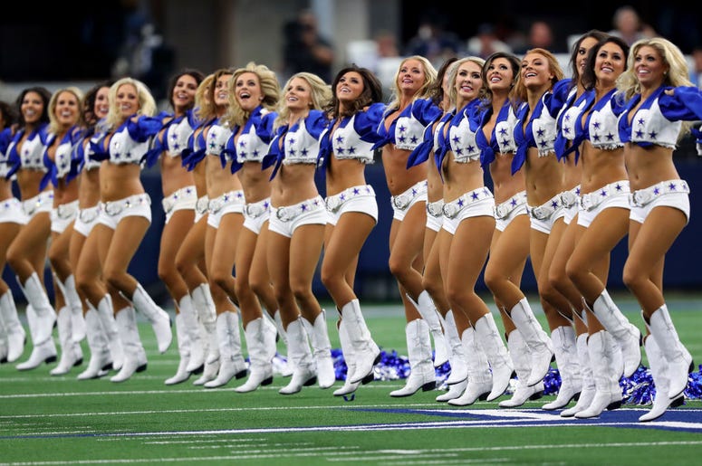 The Dallas Cowboys cheerleaders perform during the game between the New York Giants and the Dallas Cowboys at AT&T Stadium on September 08, 2019 in Arlington, Texas. The Dallas Cowboys cheerleaders perform during the game between the New York Giants and the Dallas Cowboys at AT&T Stadium on September 08, 2019 in Arlington, Texas.