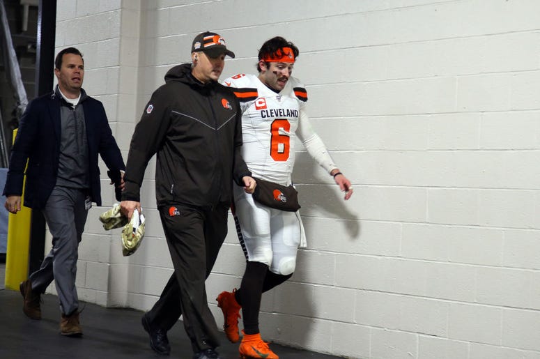 PITTSBURGH, PA - DECEMBER 01: Baker Mayfield #6 of the Cleveland Browns leaves the field with medical staff after leaving the game with a hand injury against the Pittsburgh Steelers on December 1, 2019 at Heinz Field in Pittsburgh, Pennsylvania. (Photo by PITTSBURGH, PA - DECEMBER 01: Baker Mayfield #6 of the Cleveland Browns leaves the field with medical staff after leaving the game with a hand injury against the Pittsburgh Steelers on December 1, 2019 at Heinz Field in Pittsburgh, Pennsylvania. (Photo by