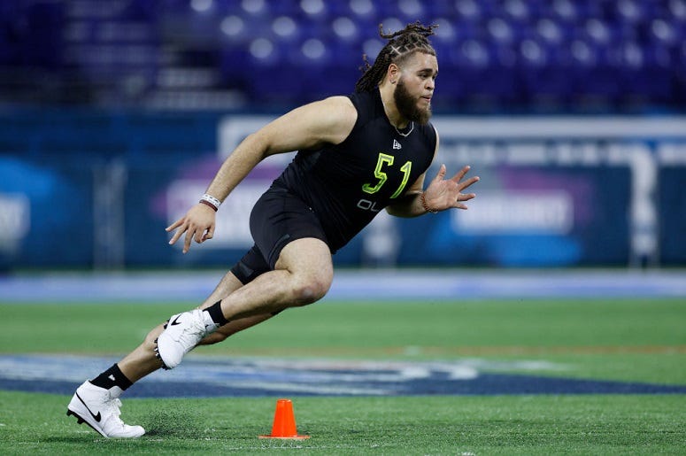 Offensive lineman Jedrick Wills Jr. of Alabama runs a drill during the NFL Combine