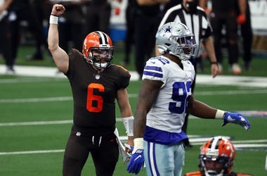 Baker Mayfield #6 of the Cleveland Browns celebrates a touchdown against the Dallas Cowboys