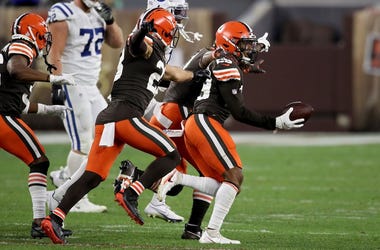 Sheldrick Redwine #29 of the Cleveland Browns celebrates after making an interception in the fourth quarter against the Indianapolis Colts