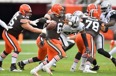 Baker Mayfield #6 throws a pass during the first half against the Las Vegas Raiders