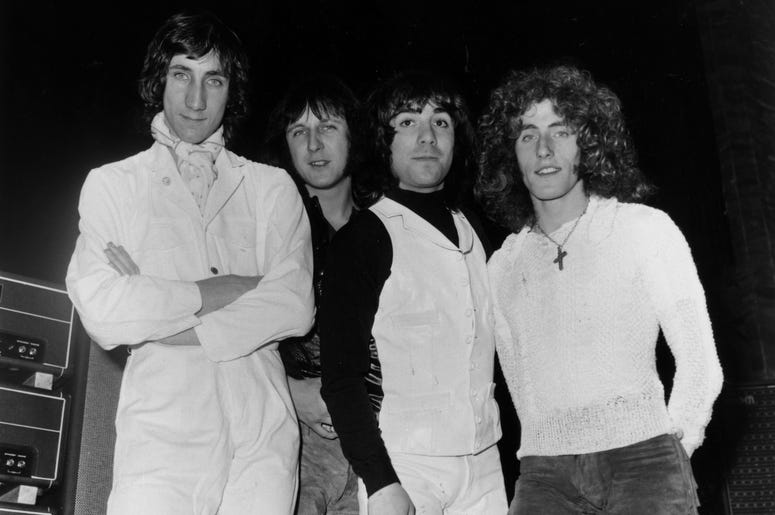 (L-R): Guitarist Pete Townshend, bassist John Entwistle (1944 - 2002), drummer Keith Moon (1946 - 1978) and singer Roger Daltrey, 1969.