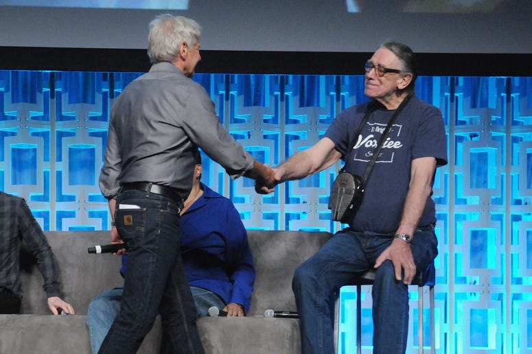 Harrison Ford and Peter Mayhew attend the 40 Years of Star Wars panel during the 2017 Star Wars Celebration Harrison Ford and Peter Mayhew attend the 40 Years of Star Wars panel during the 2017 Star Wars Celebration