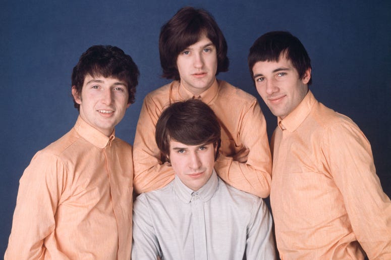 from left: drummer Mick Avory, guitarist Dave Davies, bassist Pete Quaife (1934 - 2010) and singer Ray Davies