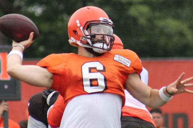 Browns rookie quarterback Baker Mayfield throws during a training camp practice at the team's facility in Berea, Ohio. Browns rookie quarterback Baker Mayfield throws during a training camp practice at the team's facility in Berea, Ohio.