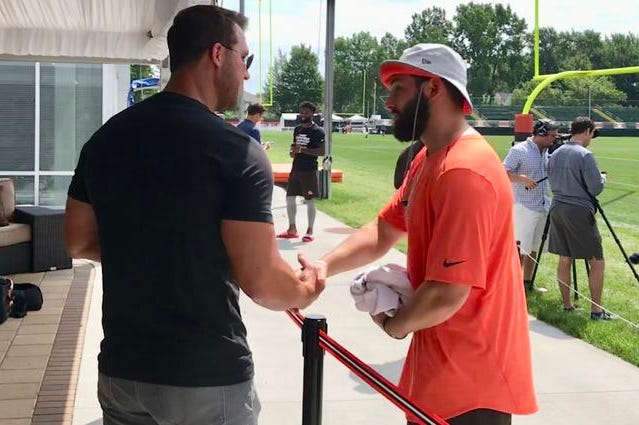 Former Browns No. 1 pick and quarterback Tim Couch shakes hands with Baker Mayfield, this year's No. 1 overall pick on July 30, 2018. Former Browns No. 1 pick and quarterback Tim Couch shakes hands with Baker Mayfield, this year's No. 1 overall pick on July 30, 2018.