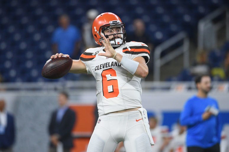 Cleveland Browns quarterback Baker Mayfield (6) warms up before a game against the Detroit Lions at Ford Field. Cleveland Browns quarterback Baker Mayfield (6) warms up before a game against the Detroit Lions at Ford Field.