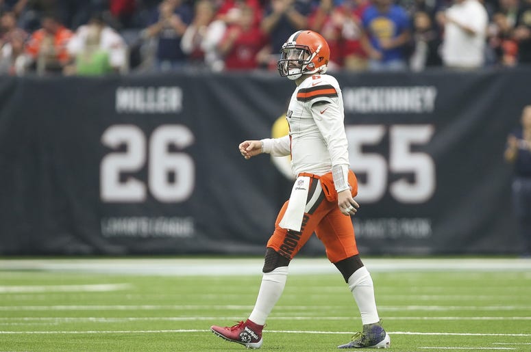 Cleveland Browns quarterback Baker Mayfield (6) walks off the field after throwing an interception during the second quarter against the Houston Texans at NRG Stadium. Cleveland Browns quarterback Baker Mayfield (6) walks off the field after throwing an interception during the second quarter against the Houston Texans at NRG Stadium.