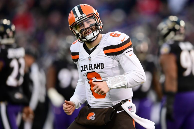 Dec 30, 2018; Baltimore, MD, USA; Cleveland Browns quarterback Baker Mayfield (6) reacts after throwing a touchdown to wide receiver Breshad Perriman (not pictured) during the first quarter against the Baltimore Ravens at M&T Bank Stadium. Mandatory Credi