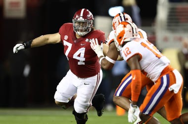 Jan 7, 2019; Santa Clara, CA, USA; Alabama Crimson Tide tackle Jedrick Wills Jr (74) pulls against the Clemson Tigers during the 2019 College Football Playoff Championship game at Levi's Stadium. Mandatory Credit: Matthew Emmons-USA TODAY Sports